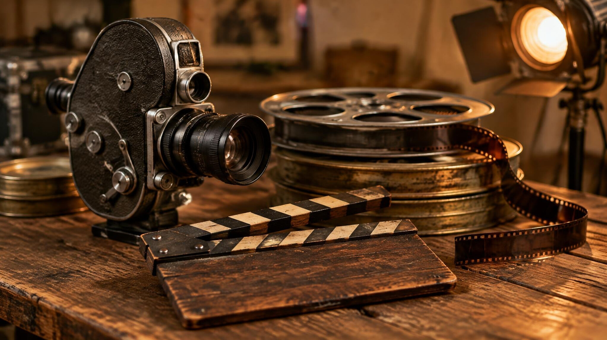 Vintage 16mm film camera and production equipment on a table