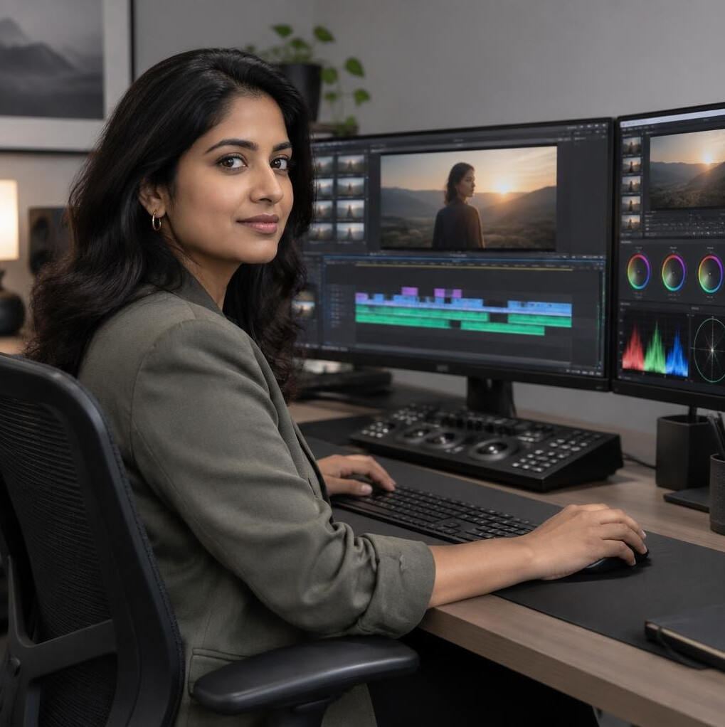 South Asian woman video editor working at an editing suite